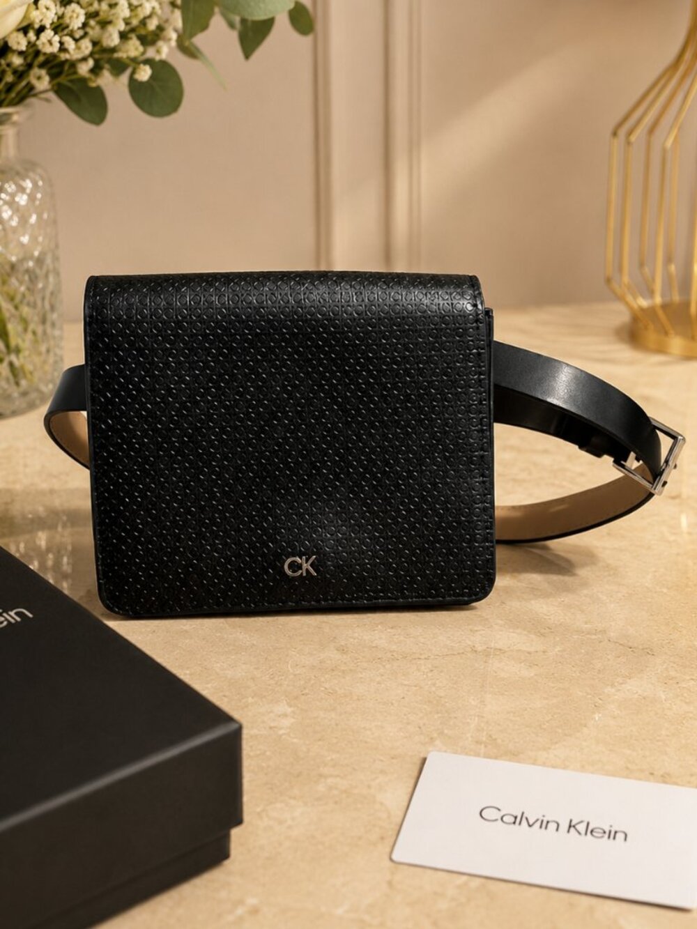 Calvin Klein Black Monogram Belt Bag Waist Pack Crossbody Leather Logo Unisex